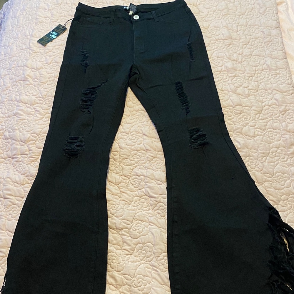 Black Distressed Flare Jeans - Women XL